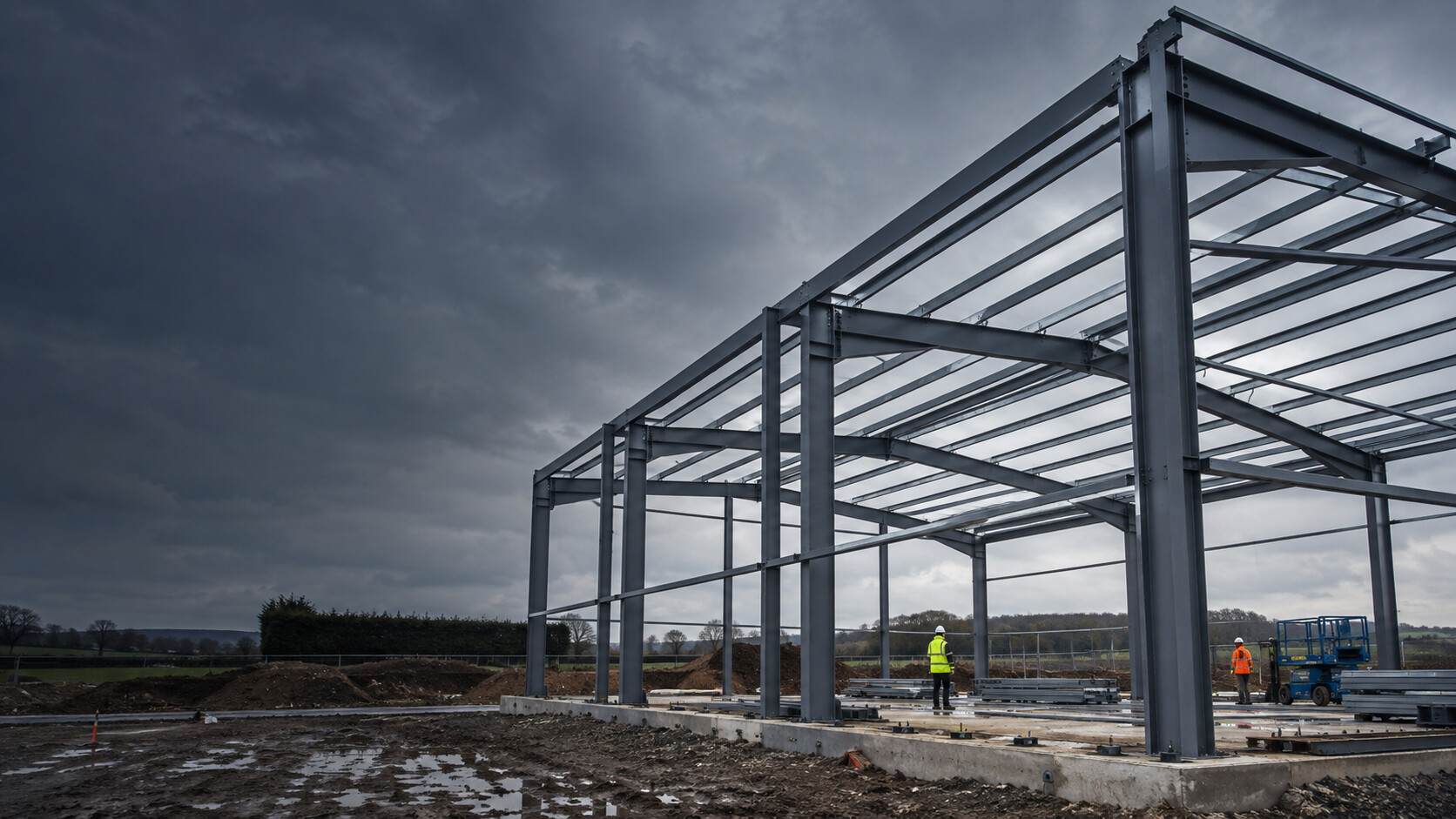 Structural steel portal frame under construction