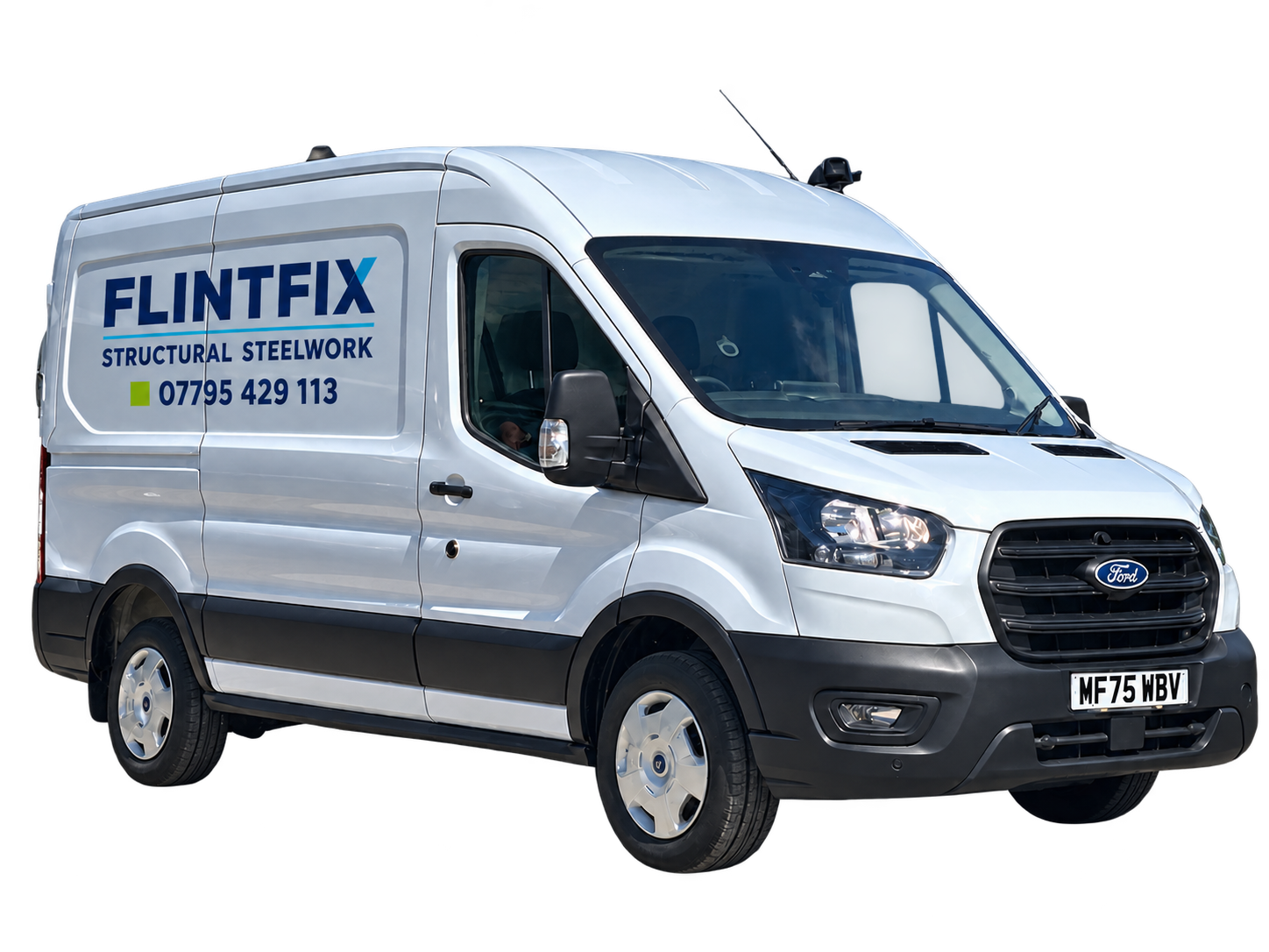 Silver Flintfix work van with structural steelwork livery